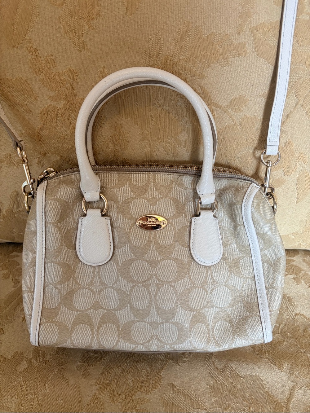 Coach Signature Canvas Satchel in Beige with White Trim